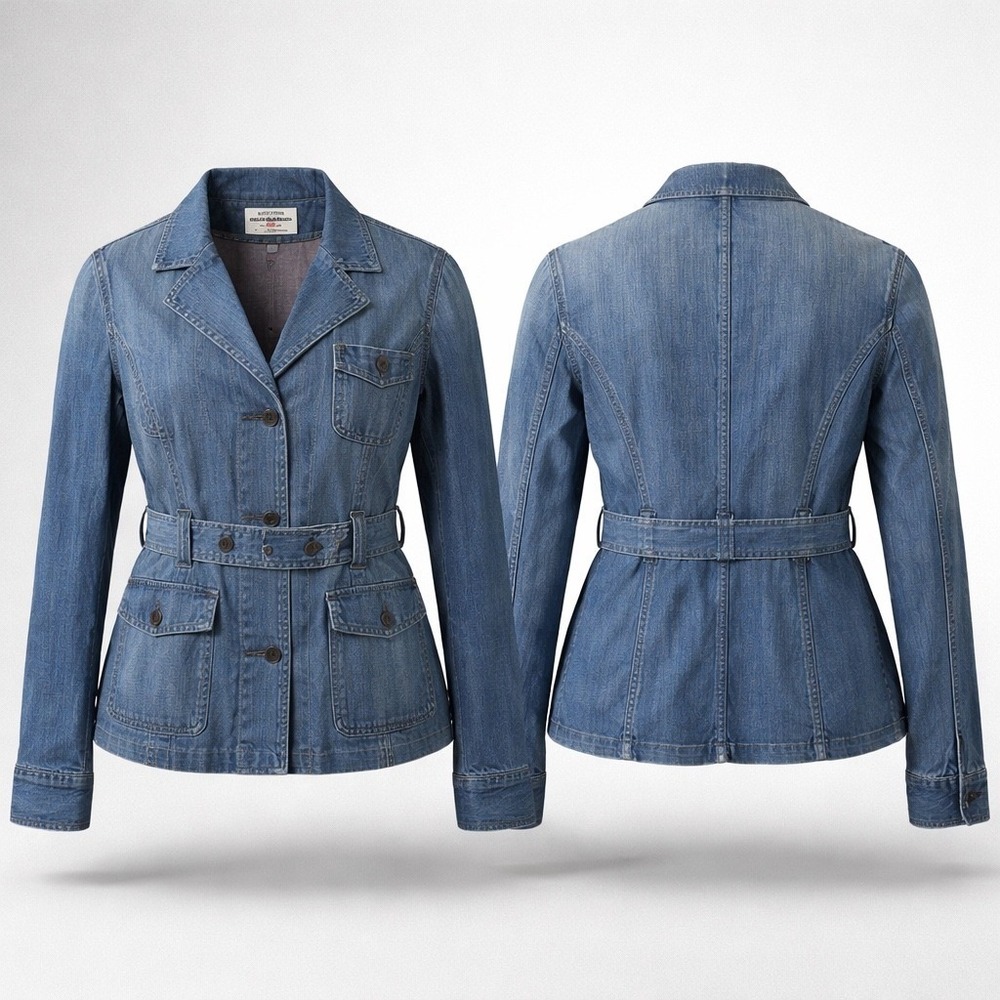 Vintage Ralph Lauren Polo Jeans Co Women Blue Denim Safari Belted Utility Jacket
